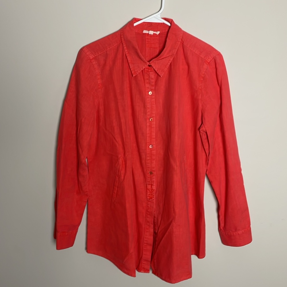 Eileen Fisher Button Down-Dark Peach-Faux Front pockets-Roll tab sleeves- Medium